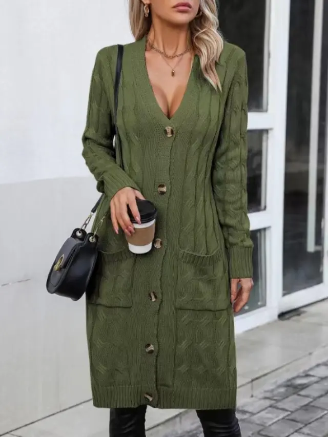 European And American Fashion Outerwear Cardigan Sweater Women's Mid length Casual V neck Coat Green - Shop at LoveMi