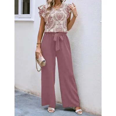 Fashionable Temperament V neck Floral Top Belt Wide Leg Pants Suit Pink - Shop at LoveMi