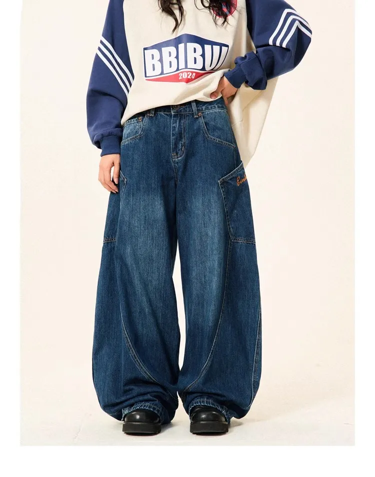 Women's Loose Wide-leg Jeans With Large Pockets Machete - Dark Blue