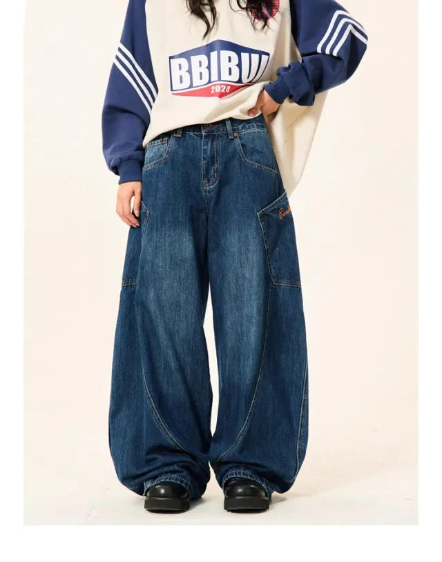 Women's Loose Wide leg Jeans With Large Pockets Machete Dark Blue - Shop at LoveMi
