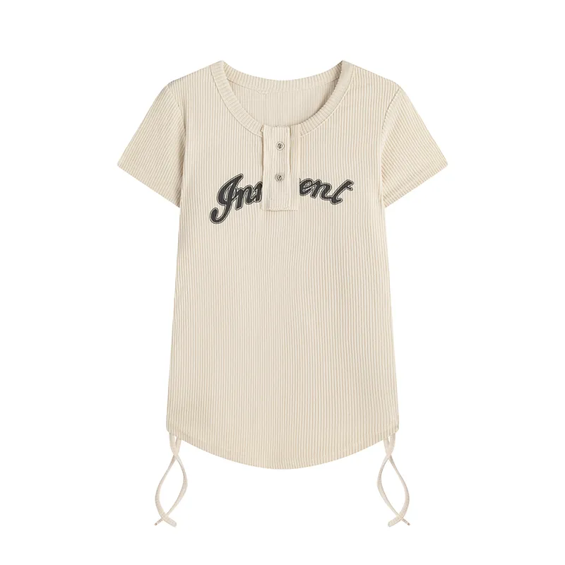 Women's Short-sleeved T-shirt With Loose Shoulder Width Slimming Drawstring Printed - Khaki Short Sleeve