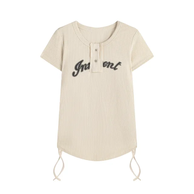 Women's Short sleeved T shirt With Loose Shoulder Width Slimming Drawstring Printed Khaki Short Sleeve - Shop at LoveMi