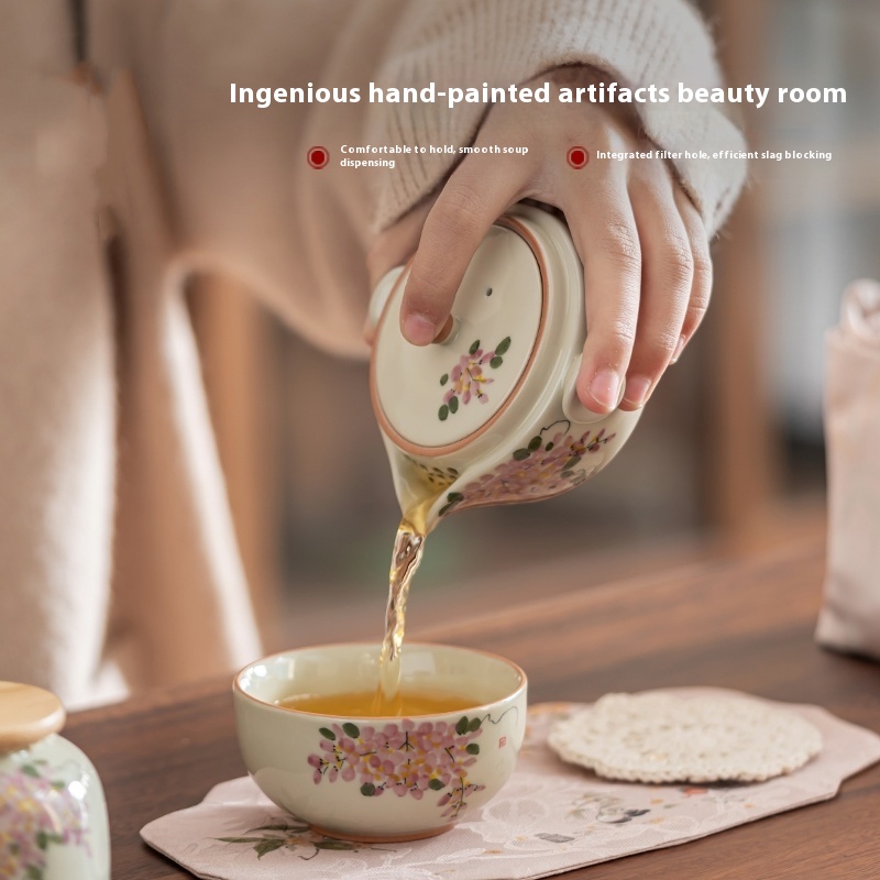 Hand Painted Wisteria Flower Quick Cup One Pot One Cup Portable Travel Tea Set