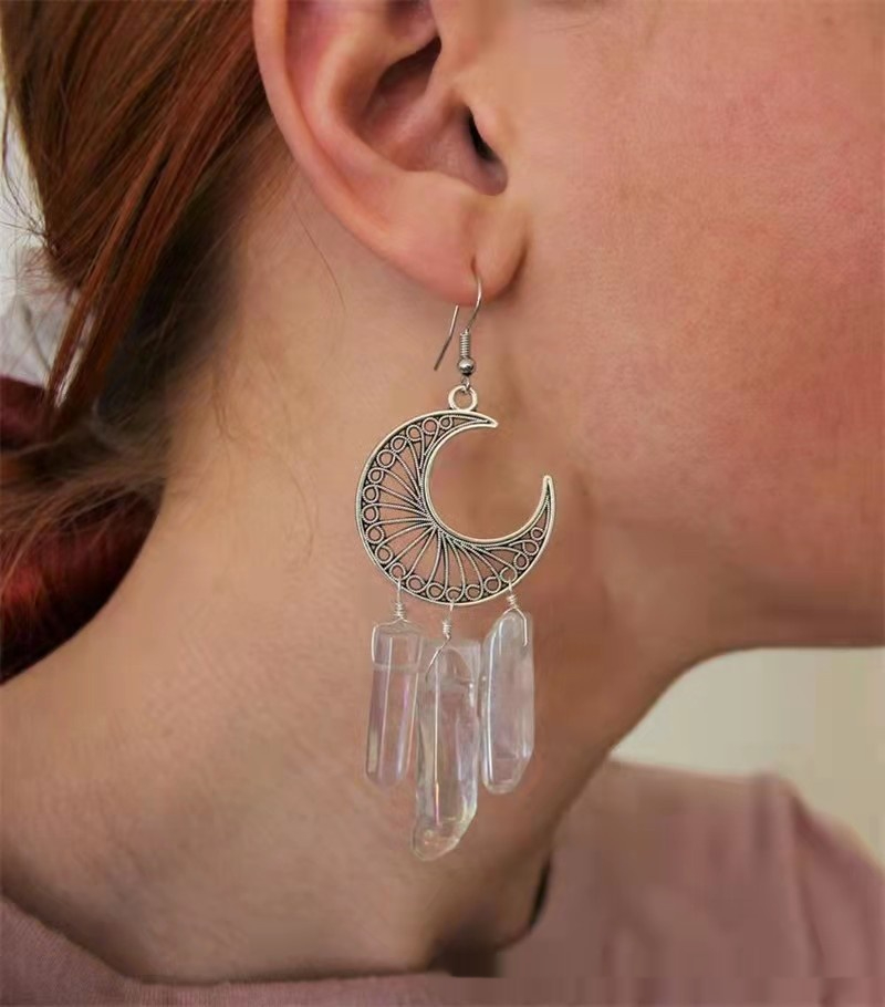 Mushroom Circle Natural Crystal Moon Earrings