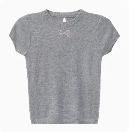 Sweet Girl Short Sleeve Bow Knitted T shirt Grey - Shop at LoveMi