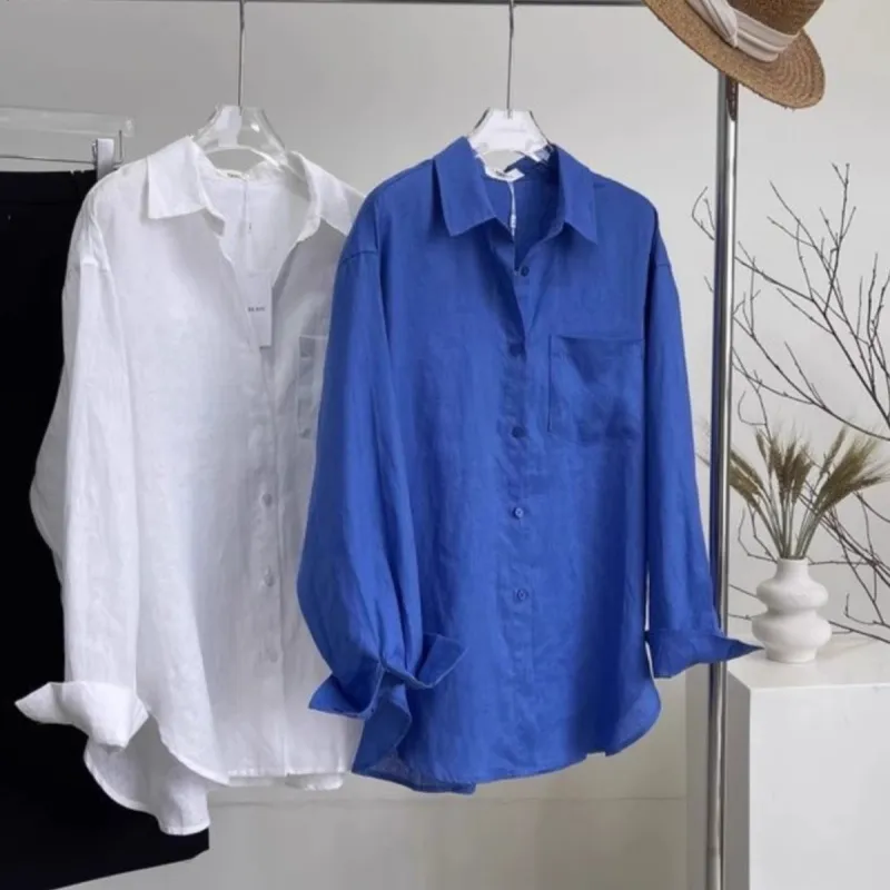 White Linen Shirt Women's Summer Thin Loose Top - Dark Blue