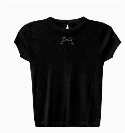 Sweet Girl Short Sleeve Bow Knitted T shirt Black - Shop at LoveMi