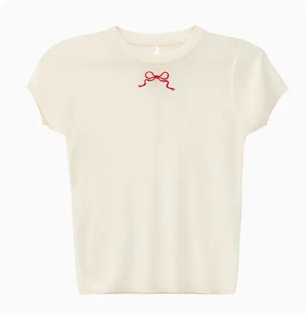 Sweet Girl Short Sleeve Bow Knitted T shirt Shallow Apricot - Shop at LoveMi