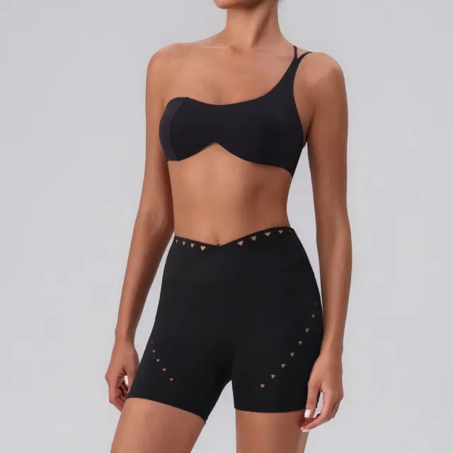 Herringbone Shoulder Top Quick drying With Chest Pad Sports Bra Seamless Yoga Clothes Shorts Cropped Pants V Waist Two piece Suit Black - Shop at LoveMi