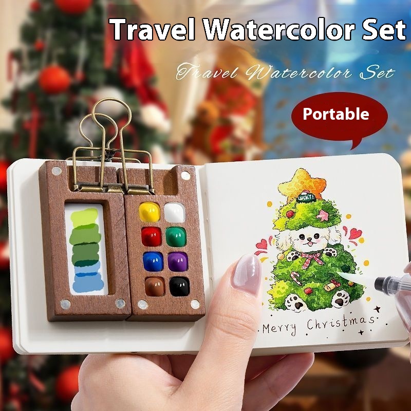 Mini Watercolor Walnut Wooden Box Portable Portable