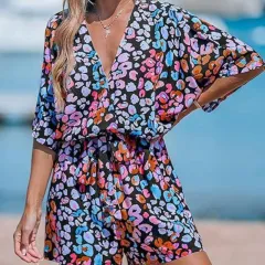 Women's V-neck Printed Lace-up Bat Jumpsuit - Leopard Print - View 1