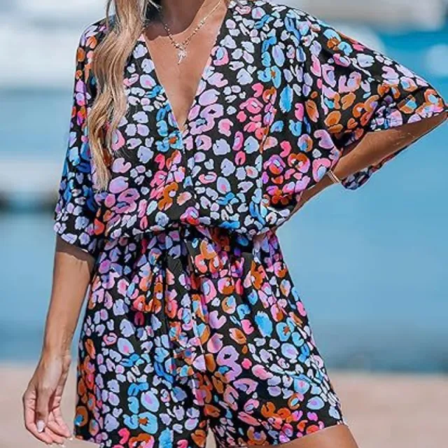 Women's V neck Printed Lace up Bat Jumpsuit Leopard Print - Shop at LoveMi