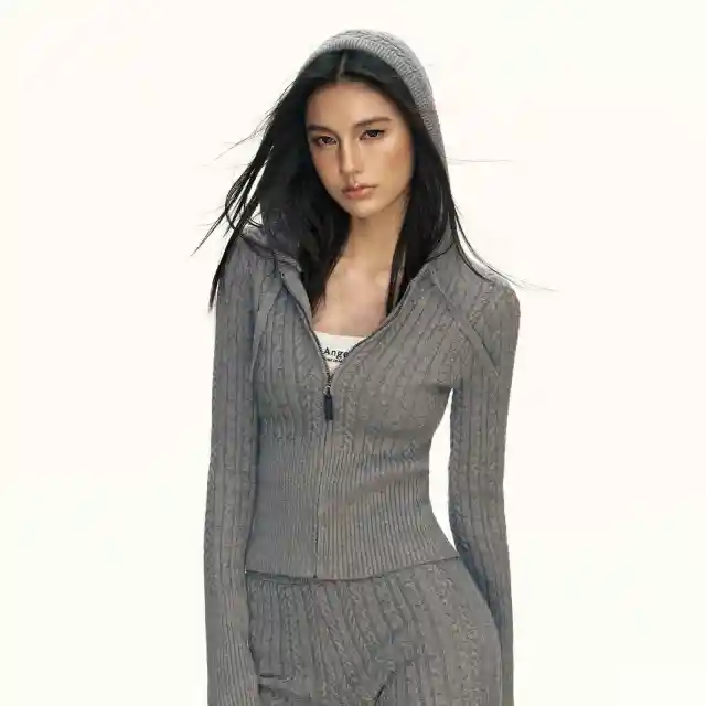 American Retro Hooded Knit Cardigan Women's Knitted Slim Fit Sweater Coat Gray - Shop at LoveMi