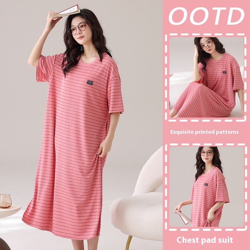 Ice Silk Thread Pajamas Women With Chest Pad Overknee Dress