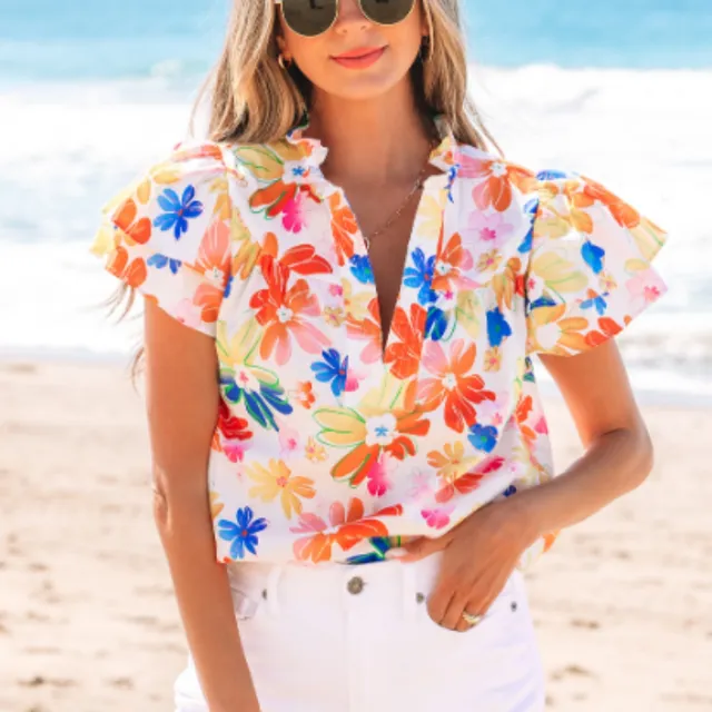 White Floral Bouquet Flutter Top Floral - Shop at LoveMi