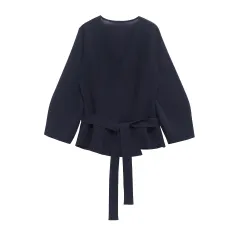 European And American Style Elegant Deep V-neck With Belt Padded Shoulder - Navy - View 1