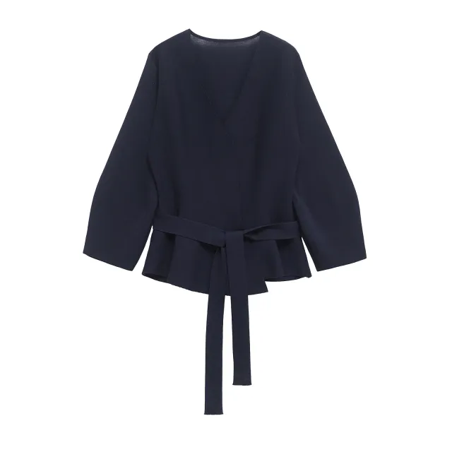 European And American Style Elegant Deep V neck With Belt Padded Shoulder Navy - Shop at LoveMi