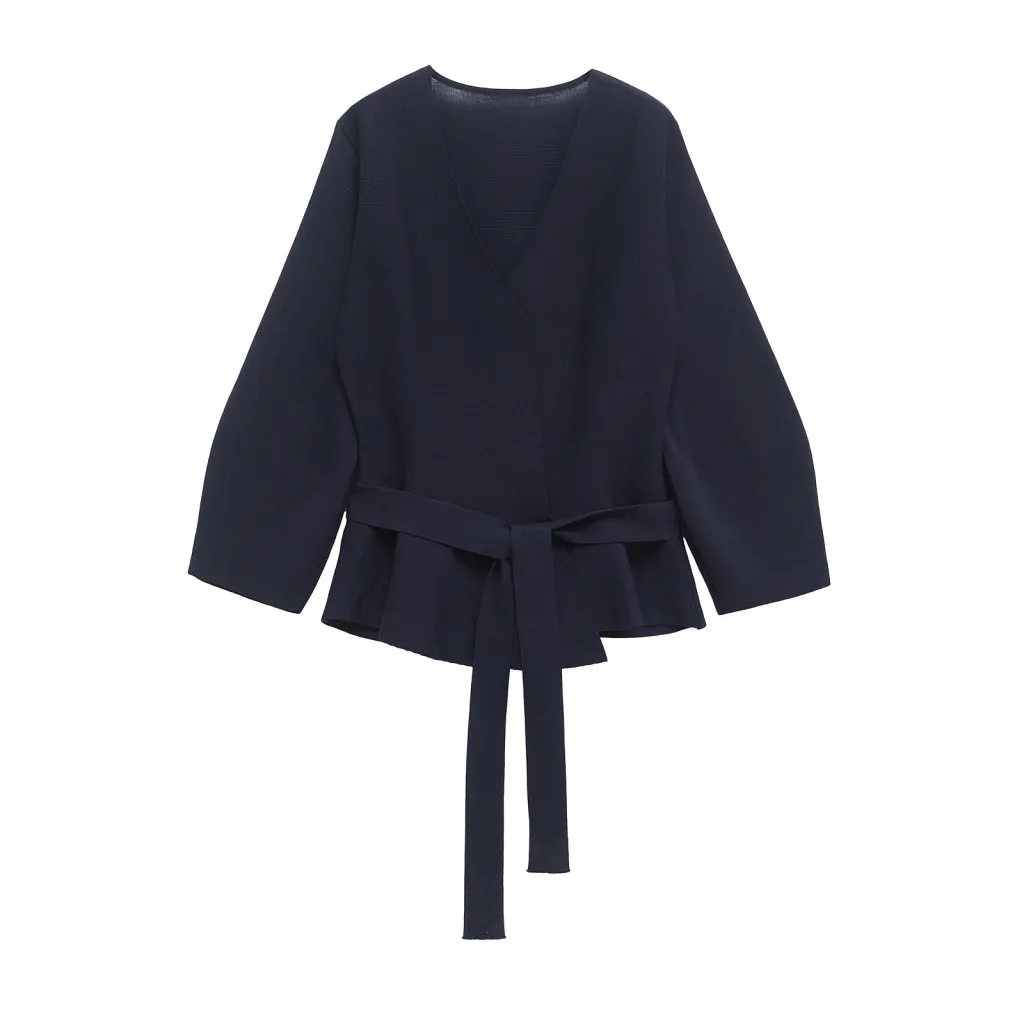 European And American Style Elegant Deep V-neck With Belt Padded Shoulder - Navy