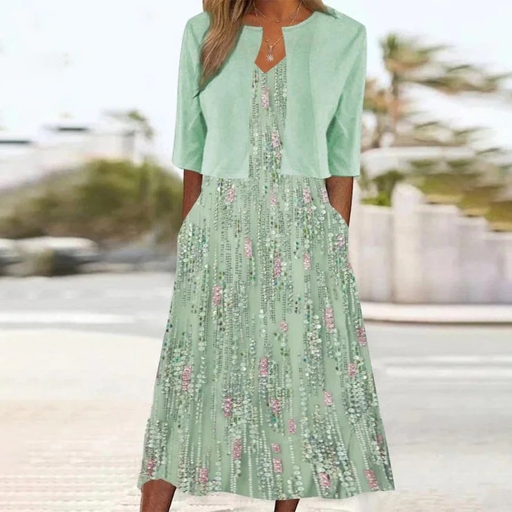 Ethnic Style Elegant Floral Print Vest Dress Cardigan Two-piece Set