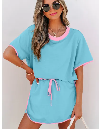 Turquoise Colorblock Edge Drop Shoulder T Shirt And Skort Set Blue - Shop at LoveMi