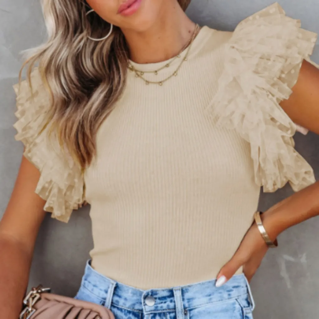 Apricot Dotty Mesh Ruffle Sleeve Ribbed Knit Top - Apricot