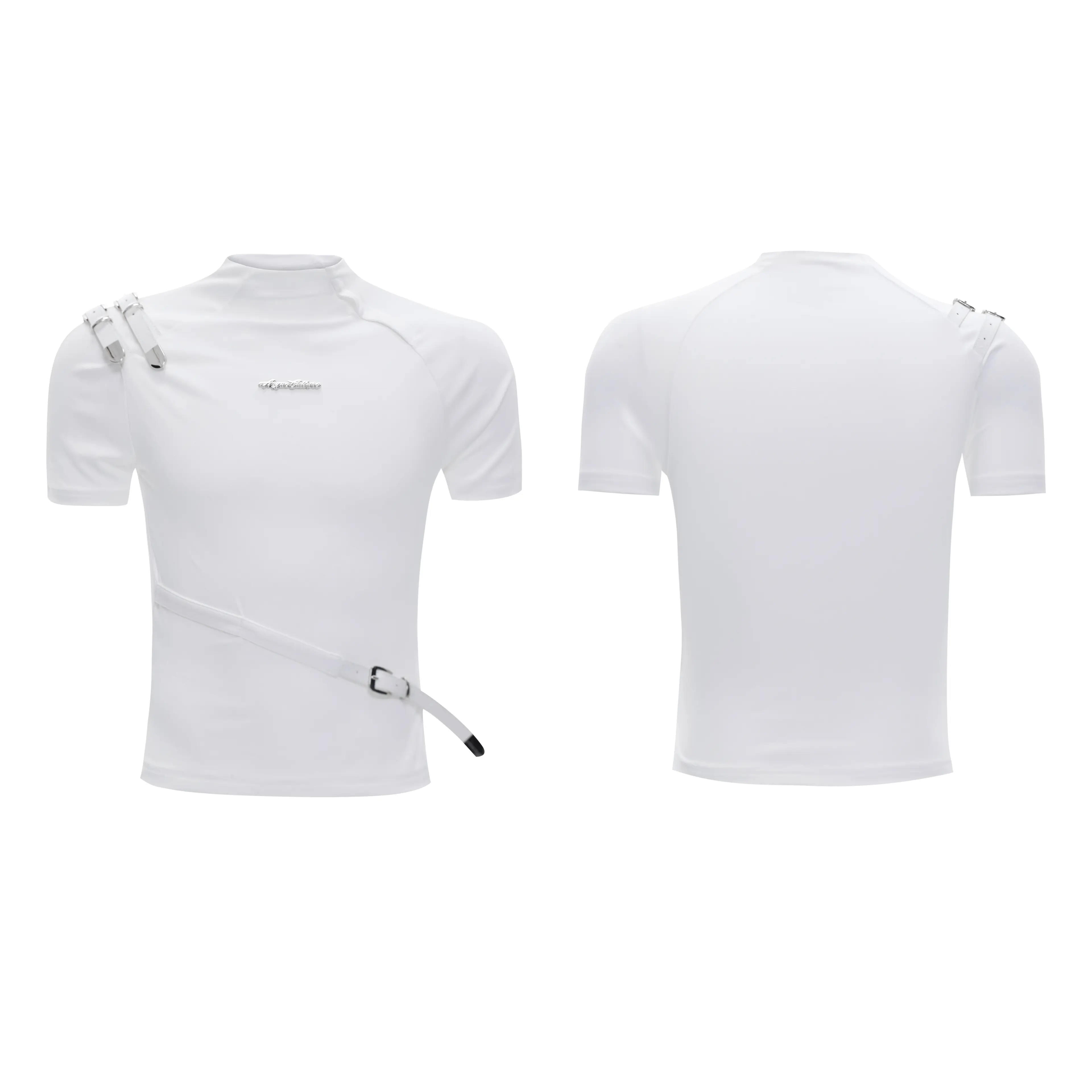 Metal Belt Design Small Stand-up Collar Slim Fit Short Sleeve