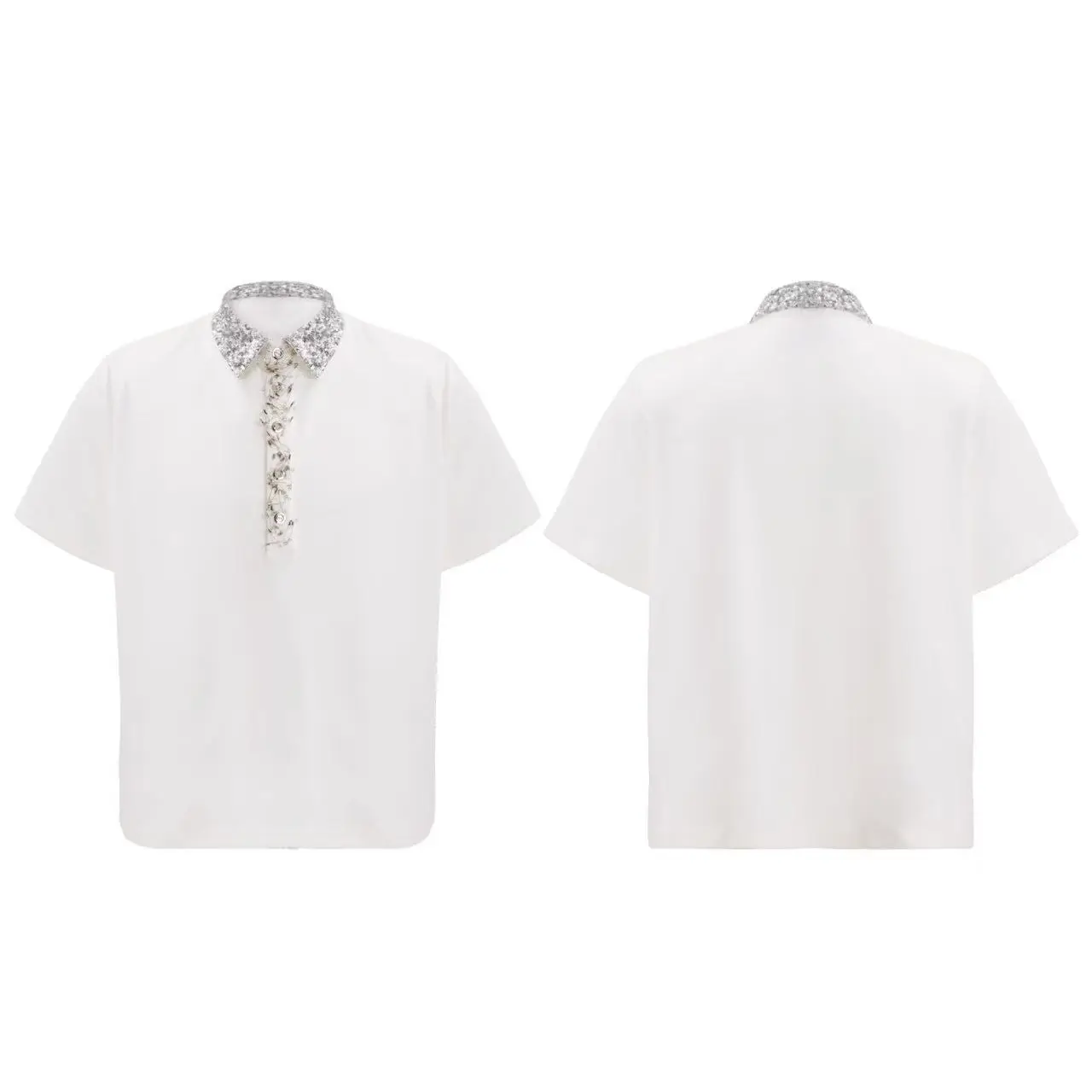 Heavy Embroidery Sequins Square Collar Short Sleeve Pin Loose Polo T-shirt