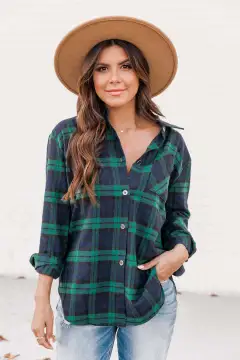 New Polo Collar Pocket Long Sleeve Plaid Shirt Thin Coat For Women - Green - View 1