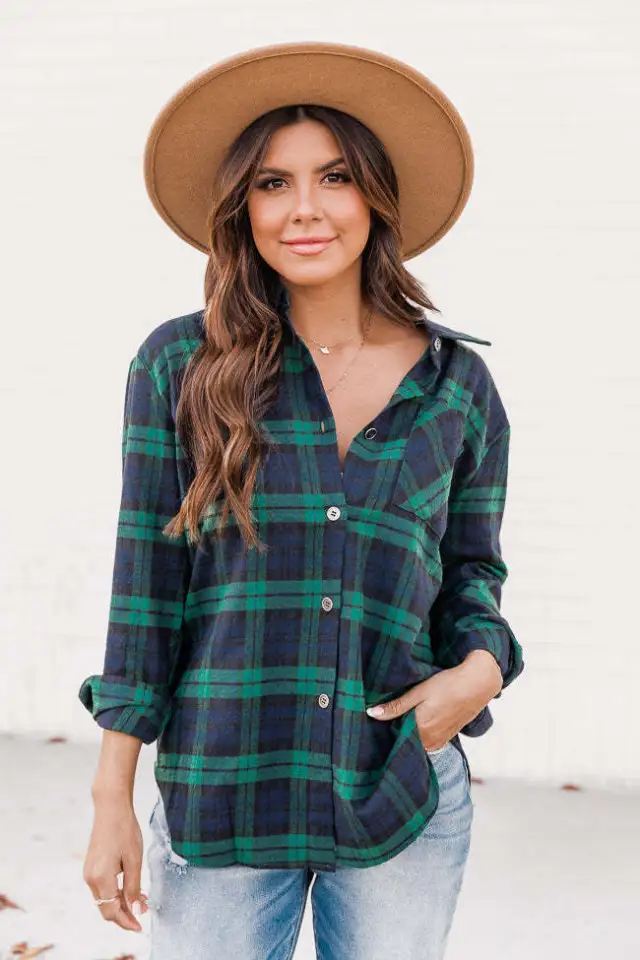 New Polo Collar Pocket Long Sleeve Plaid Shirt Thin Coat For Women Green - Shop at LoveMi