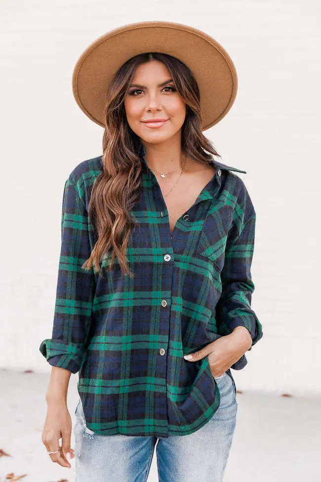 New Polo Collar Pocket Long Sleeve Plaid Shirt Thin Coat For Women - Green