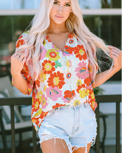 Orange Abstract Print V Neck Half Sleeve Blouse