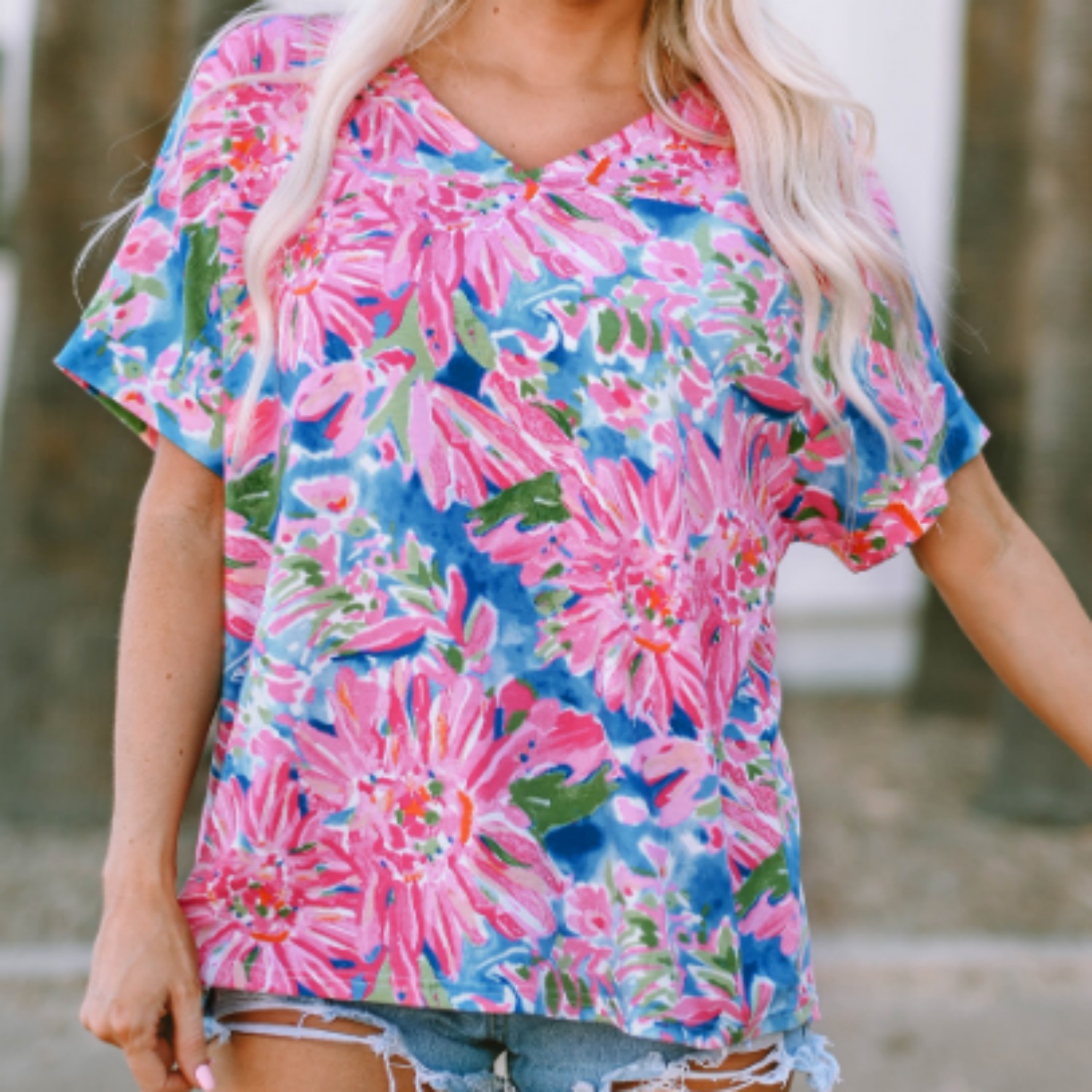 Floral Print Loose Fit V Neck T Shirt