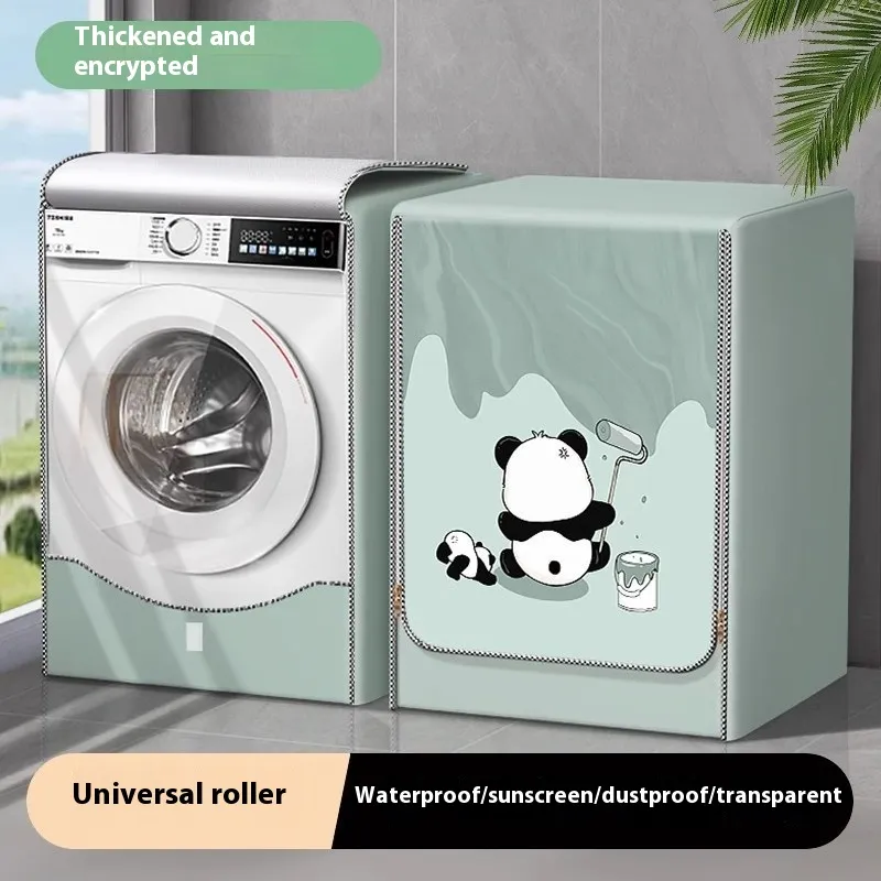 Roller Washing Machine Cover Waterproof Sunscreen Cover Dust Cover UV Protection - Light Green Panda