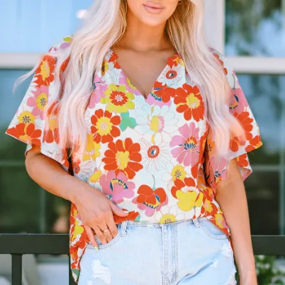 Orange Abstract Print V Neck Half Sleeve Blouse Orange - Shop at LoveMi
