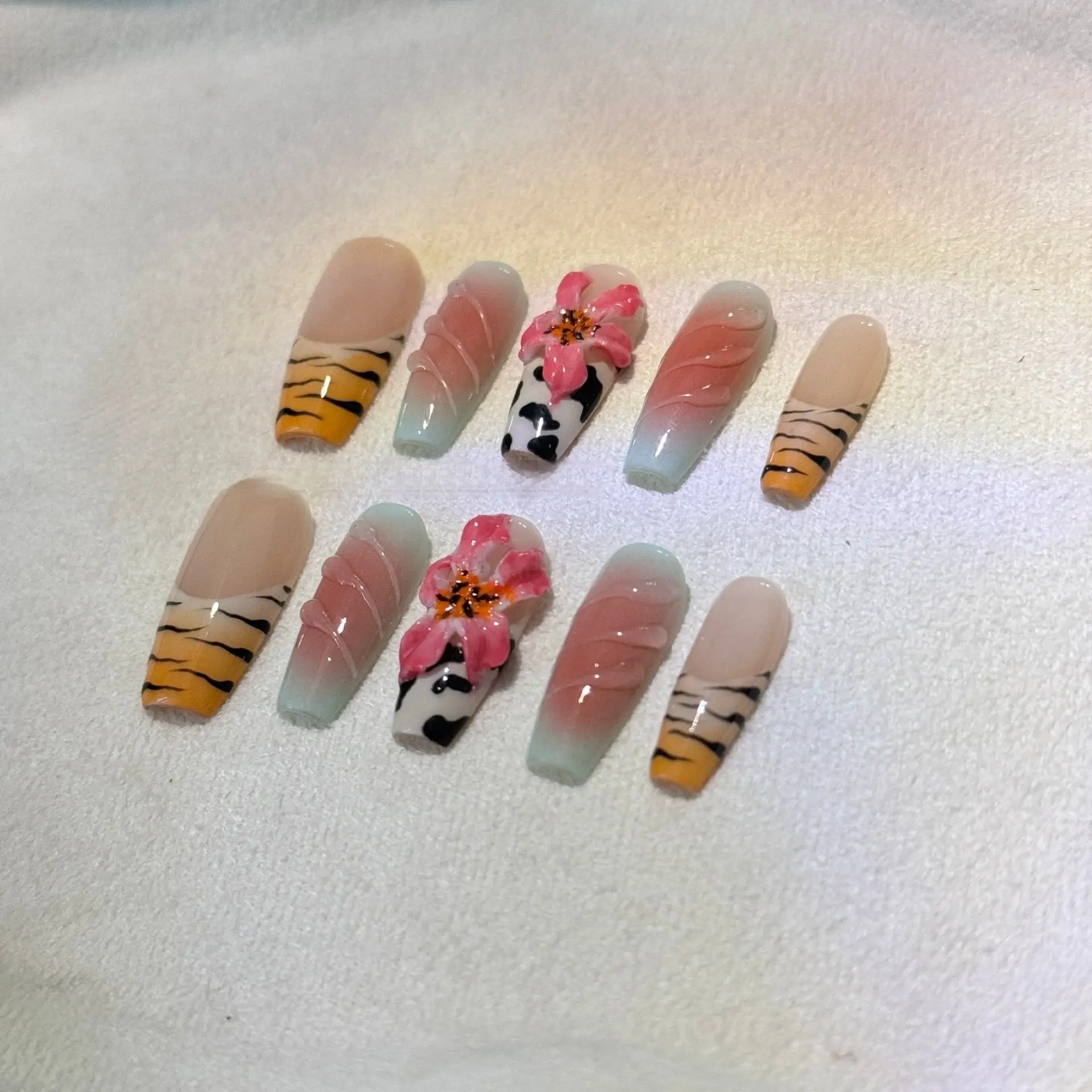 Zebra Pattern Lily Hand Carving Nail Art