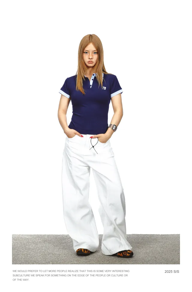 Color Contrast Patchwork Polo Shirt Fake Two Pieces Short Sleeve Sapphire Blue - Shop at LoveMi