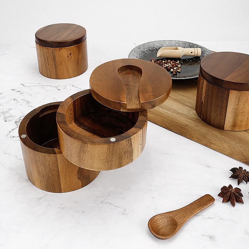 Acacia Wooden Single Layer Salt Jar Seasoning Box