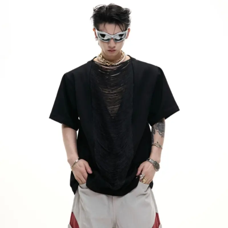 Hollow Out V-neck Short Sleeve Expensive High-end T-shirt Loose