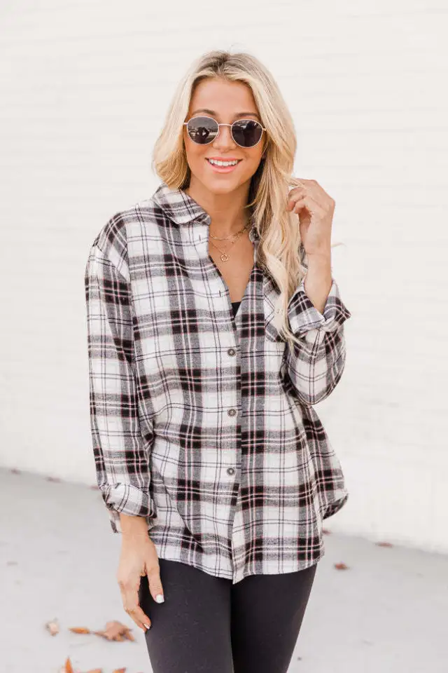 New Polo Collar Pocket Long Sleeve Plaid Shirt Thin Coat For Women Black - Shop at LoveMi