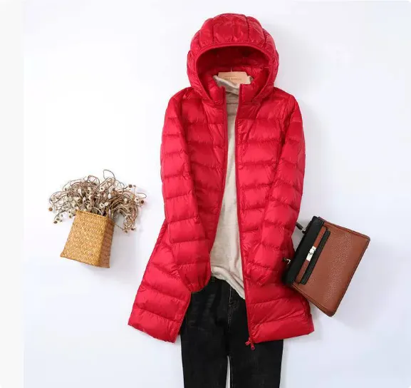Down Jacket Women's Mid length Hooded Lightweight Warm Detachable Hat Red - Shop at LoveMi