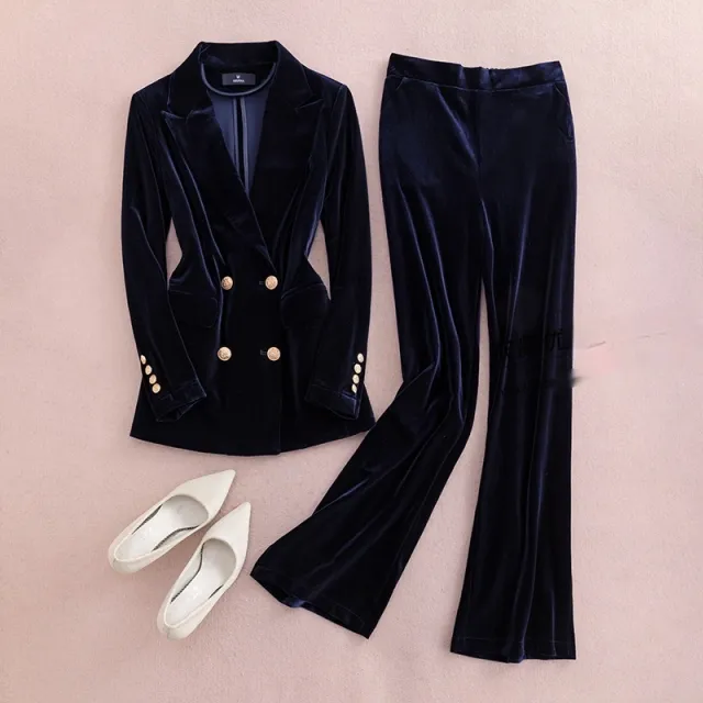 Velvet Outer Coat Plus Size Slim Fit Two piece Suit Dark Blue Suit - Shop at LoveMi