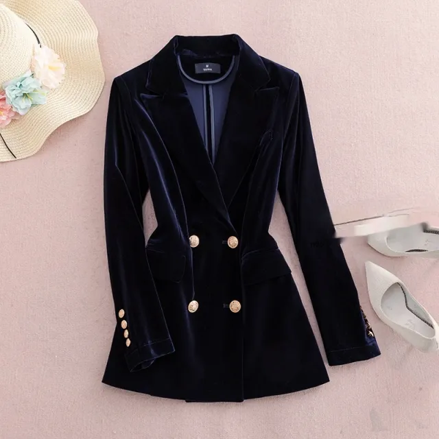 Velvet Outer Coat Plus Size Slim Fit Two piece Suit Dark Blue - Shop at LoveMi