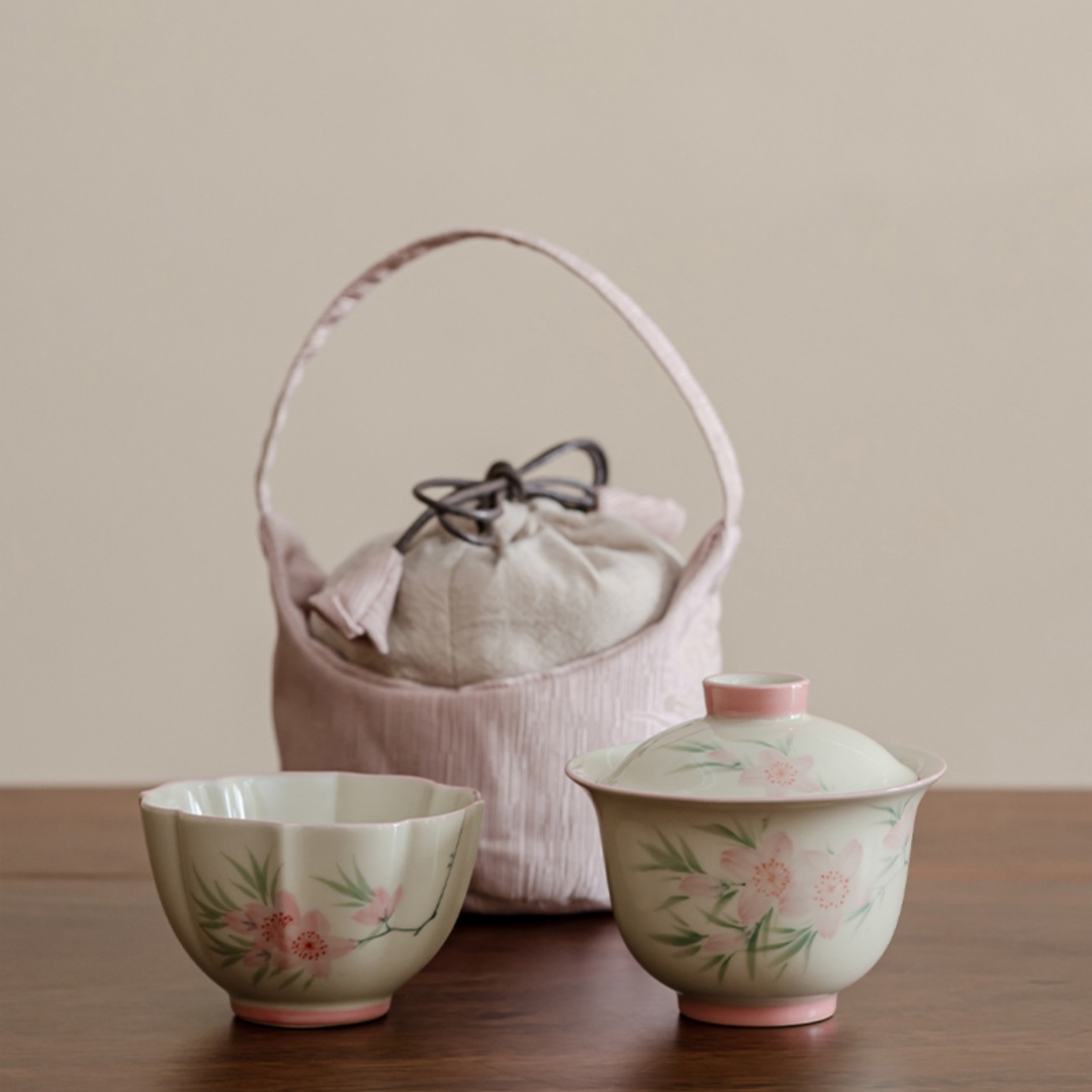 Hand Drawn Peach Blossom Travel Convenient Tea Set