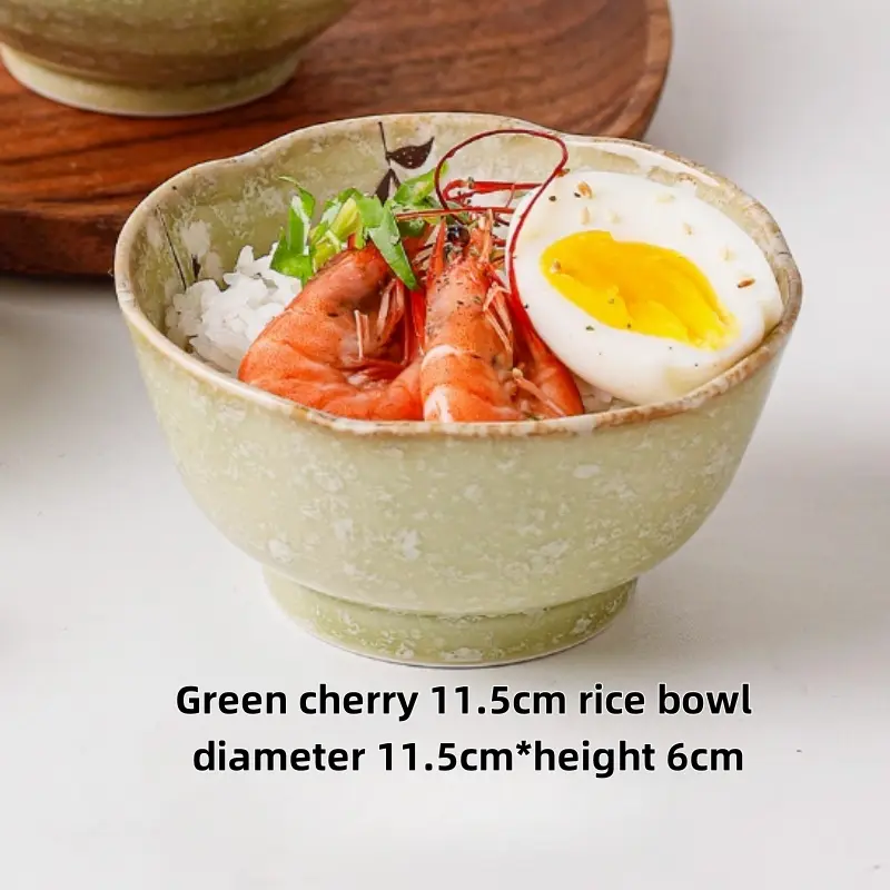 Ceramic Green Cherry Blossom Small Bowl Plate Dish Underglaze Color Japanese Rice Bowl Household Tableware