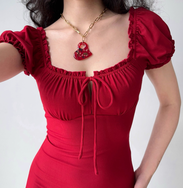 French Retro Red Square Collar Tied Dress Puff Sleeve