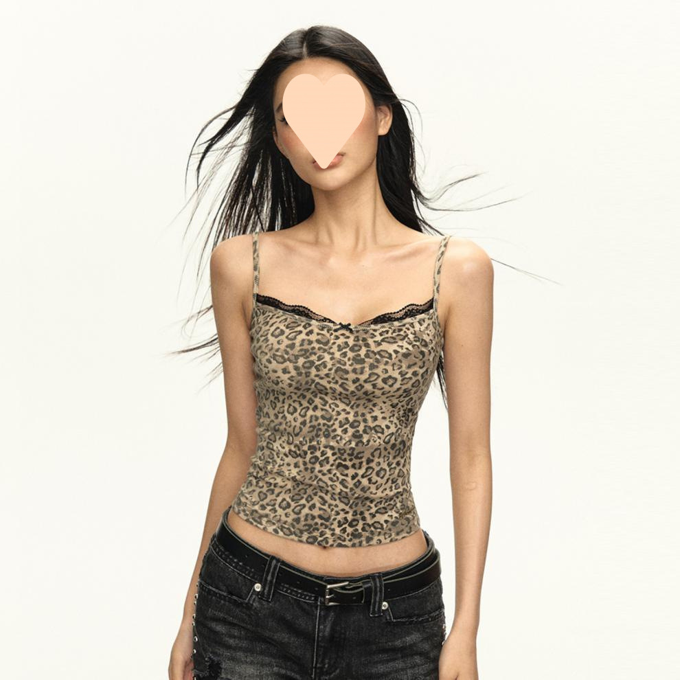 Women's American Vintage Leopard Print Lace Spaghetti strap Camisole Top Leopard - Shop at LoveMi