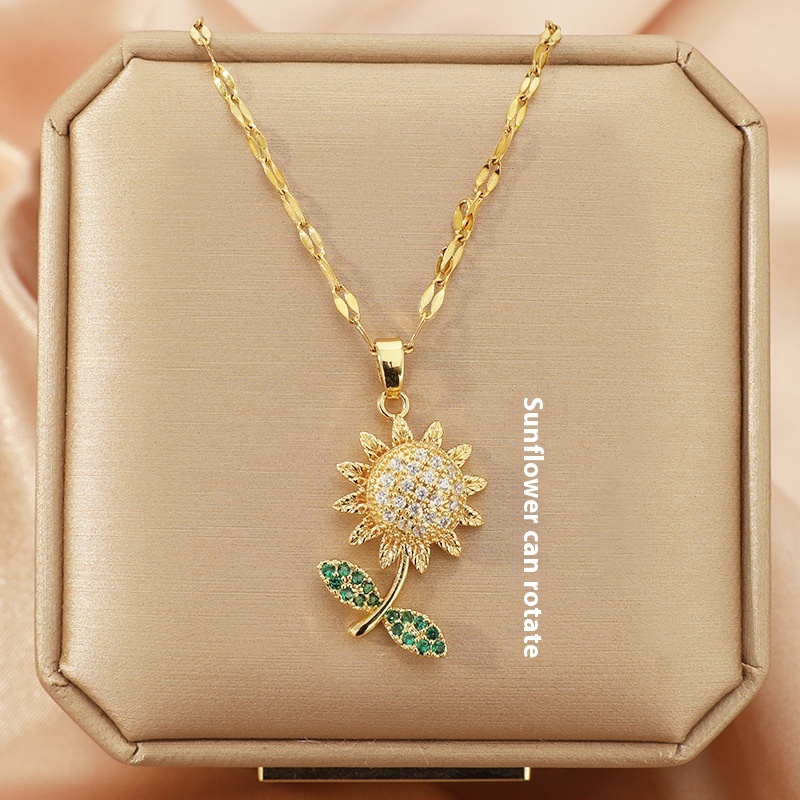 All-match Micro Inlaid Zircon SUNFLOWER Titanium Steel Necklace
