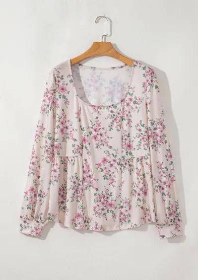 Floral Print Pleated U Neck Loose Fit Blouse Pink - Shop at LoveMi
