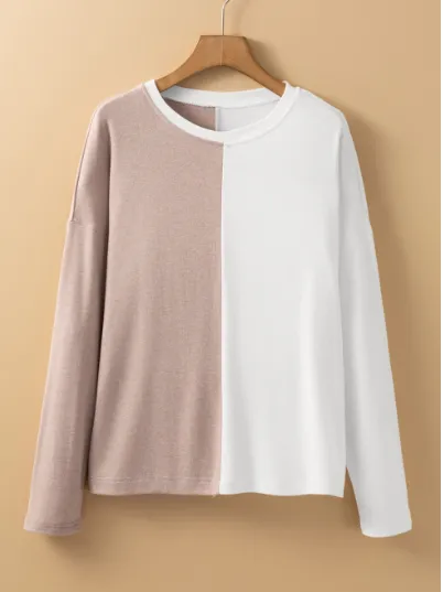 Khaki Colorblock Long Sleeve Crew Neck Top Khaki - Shop at LoveMi