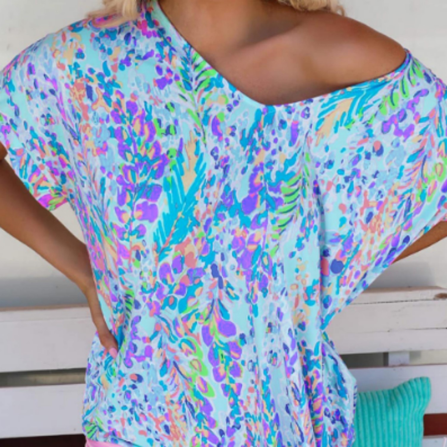 Sky Blue Loose Painted Floral Tee